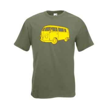 Gele Volkswagen T1 bedrukt op een bruin t-shirt van Fruit of the Loom