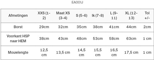 Maattabel Cascades Organic T EA001.