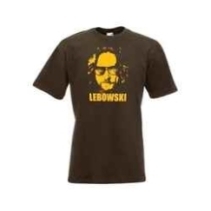bruin t-shirt bedrukt met een gele print van Lebowski
