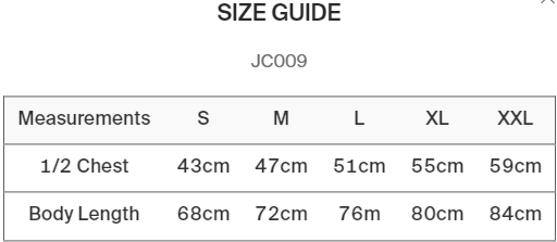 JC009 Cool Muscle Vest maattabel.