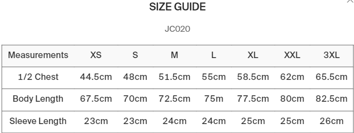 JC020 AWDis Cool Smooth T maattabel