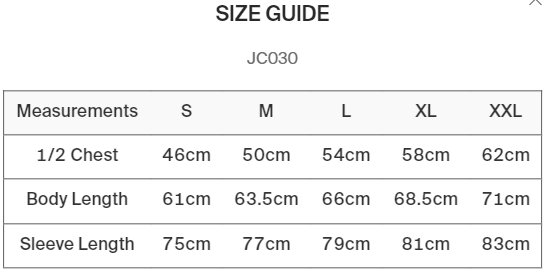 JH030 Cool 1/2 Flex Zip Top maattabel.