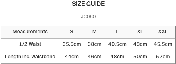 JC080 Cool Shorts maattabel.
