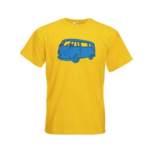 Blauwe Volkswagen T1 bedrukt op een t-shirt.
