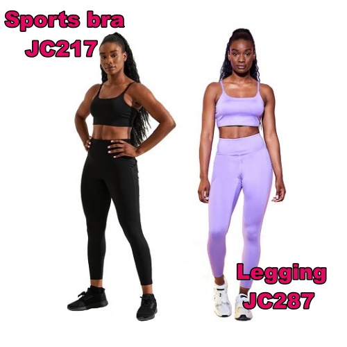 JC287 Women\'s recycled tech leggings en JC217 sports bra model