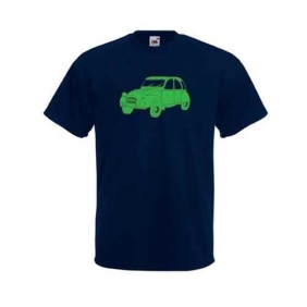 Groene 2cv Lelijke Eend bedrukt op een zwart t-shirt.