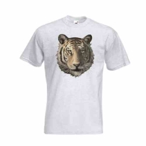 Kop van een witte tijger bedrukt op een t-shirt van 100% katoen.