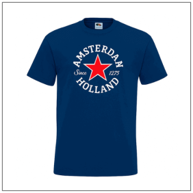 Amsterdam Sinds 1275 met ster bedrukt op een blauw t-shirt