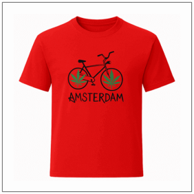 Amsterdam Weed bike bedrukt op een rood t-shirt.