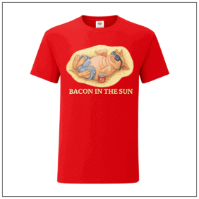 Bacon in the Sun bedrukt op een rood t-shirt.
