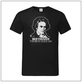 Beethoven the beat goed on bedrukt op een zwart t-shirt