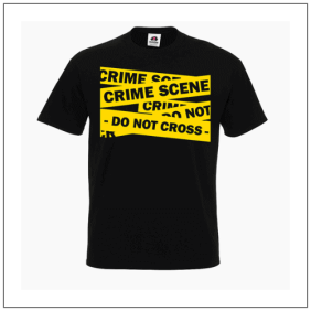 Crime Scene bedrukt op een zwart t-shirt