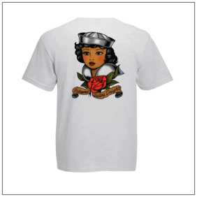everynite sailors delight bedrukt op een t-shirt achterkant