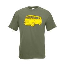 Gele Volkswagen T1 bedrukt op een bruin t-shirt van Fruit of the Loom