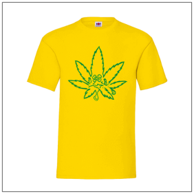 Gezicht in Wietblad bedrukt op een geel t-shirt