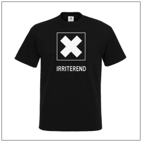 irriterend bedrukt op een zwart t-shirt van BBshirts