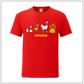 Ovolution print op een rood t-shirt van BBshirts
