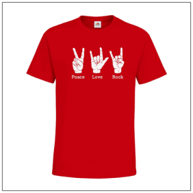 Peace love rock bedrukt op een rood t-shirt van BBshirts