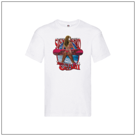 Snowboard your bud off bedrukt op een t-shirt.