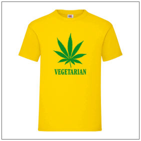 Vegeterian Wietblad bedrukt op een geel t-shirt van bbshirts