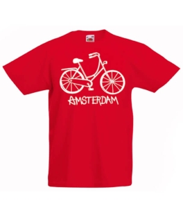 rood baby t-shirt bedrukt met amsterdam en fiets.
