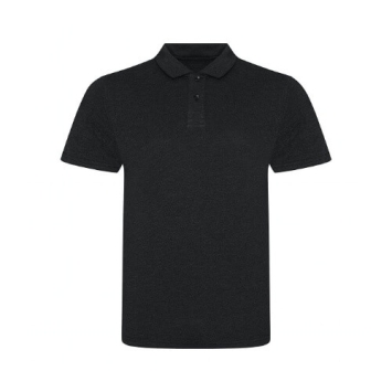 Een AWDis Tri-Blend Polo JP001 in heather black – unisex polo met moderne pasvorm, gemaakt van een mix van katoen, polyester