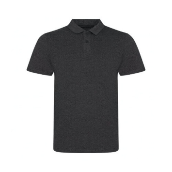 Een AWDis Tri-Blend Polo JP001 in heather charcoal – unisex polo met moderne pasvorm, gemaakt van een mix van katoen, polyest