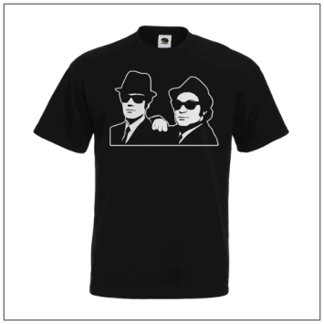 Bleus Brothers bedrukt op een zwart t-shirt