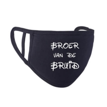 Broer van de bruid mondkapje zwart met witte letters