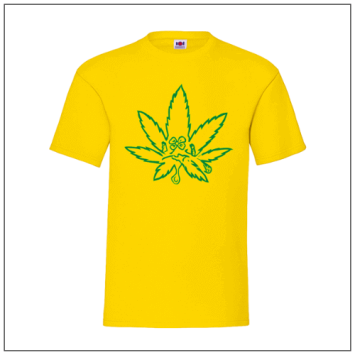 Gezicht in Wietblad bedrukt op een geel t-shirt