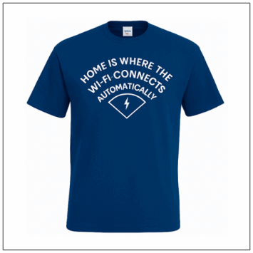 Home is where the WiFi connects automatically bedrukt op een t-shirt.