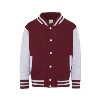 AWDis Kids Varsity Jacket JH043J Burgundy - Heather grey.