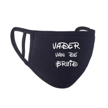 Vader van de bruid mondkapje zwart met witte letters