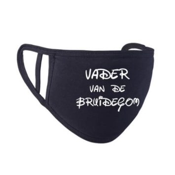 Vader van de bruidegom mondkapje zwart met witte letters