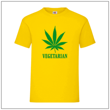 Vegeterian Wietblad bedrukt op een geel t-shirt van bbshirts