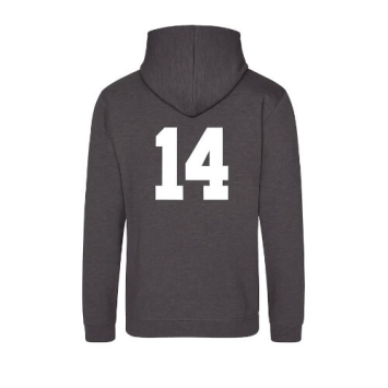 zwarte hoodie bedrukt met rugnummer 14