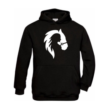 Zwarte hoodie bedrukt met mesije en paardenhoofd